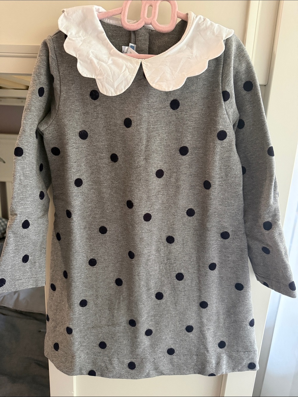 Jacadi Gray Dress with Navy Polka Dots and White Scalloped Collar